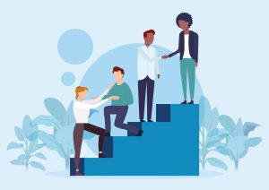 illustration of four people on blue stairs.