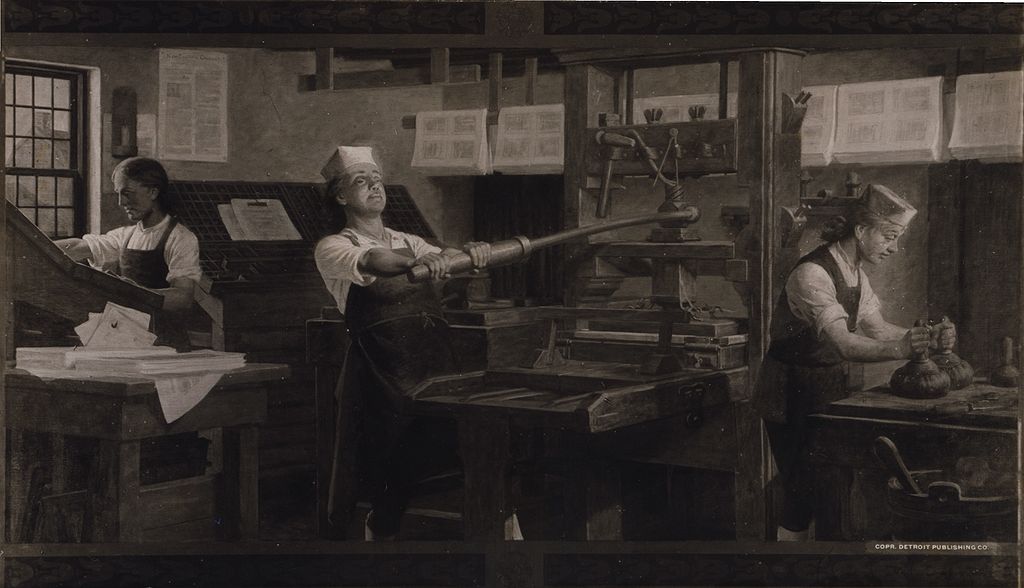 Benjamin Franklin at work at a printing press.