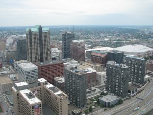 St Louis skyline with enterprise dome in view on an overcast day