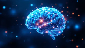 illustration of a brain lit with blue and red neon lights