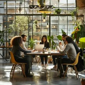 Five people sitting around a table with laptops in a greenhouse