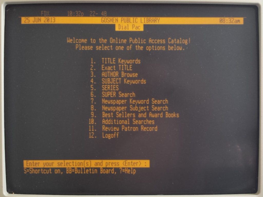 Image of a Dynix catalog at Goshen Public Library, showing a menu that allows patrons to search by title, keywords, author, etc.