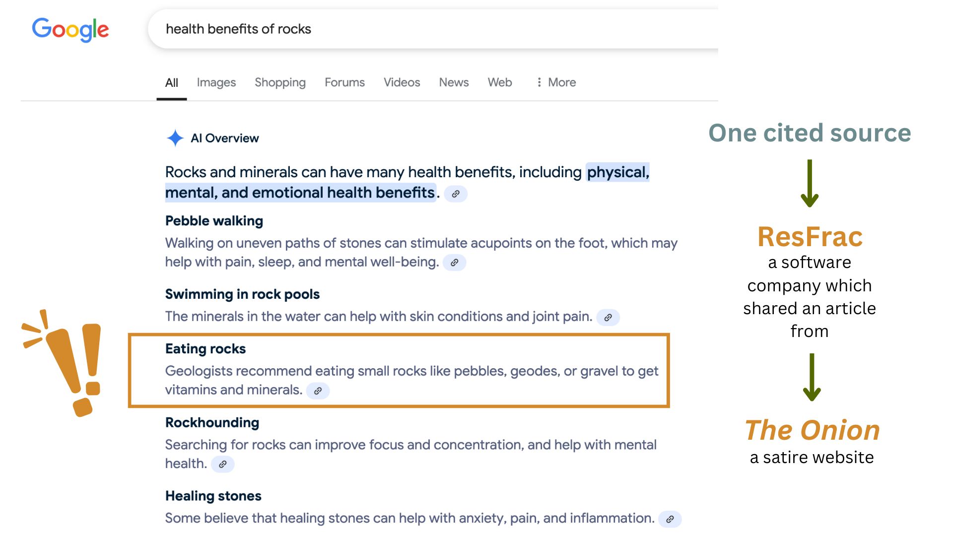 Google AI Overview screenshot claiming that geologists recommend eating small rocks to get important minerals.