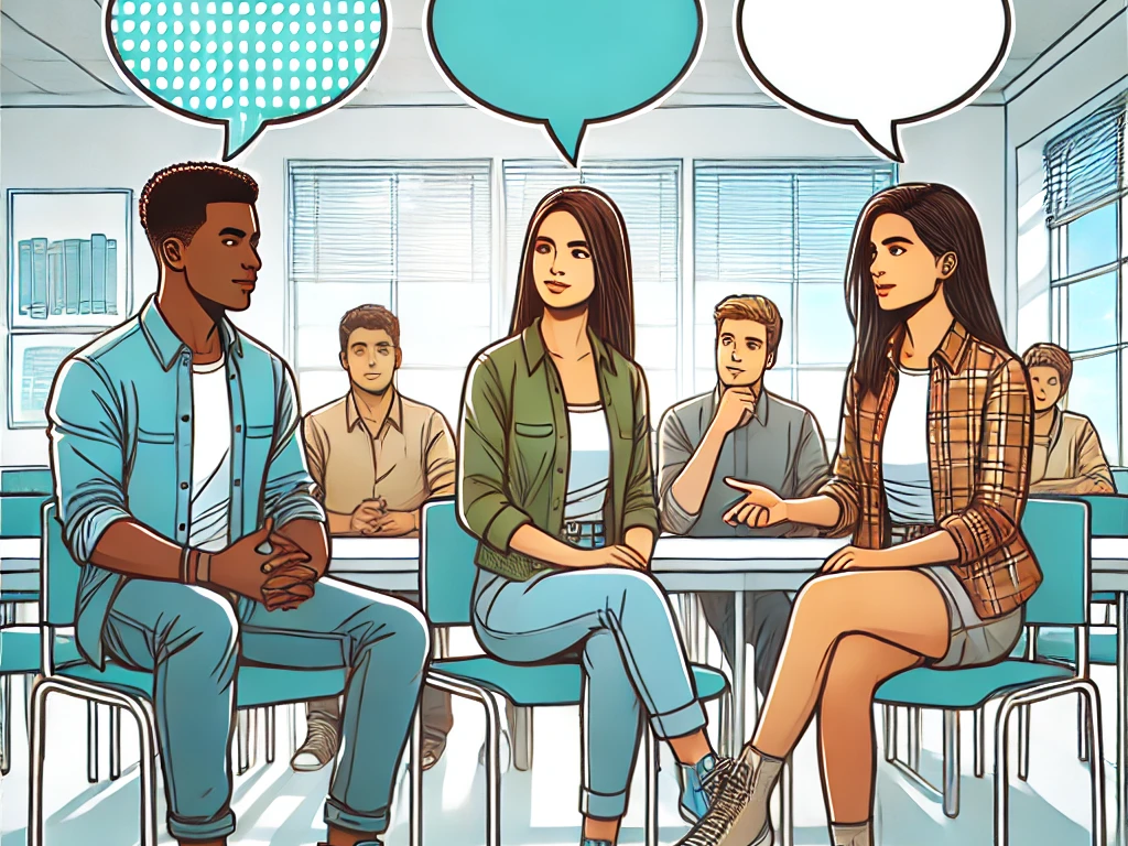 A college classroom scene featuring three diverse students engaged in a discussion in front of the class.