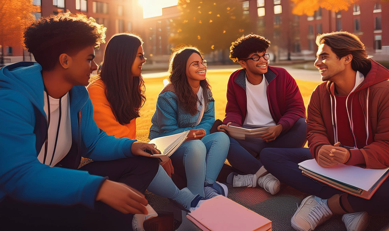 A group of six diverse students visiting while sitting on the campus quad at sunset in Missouri.