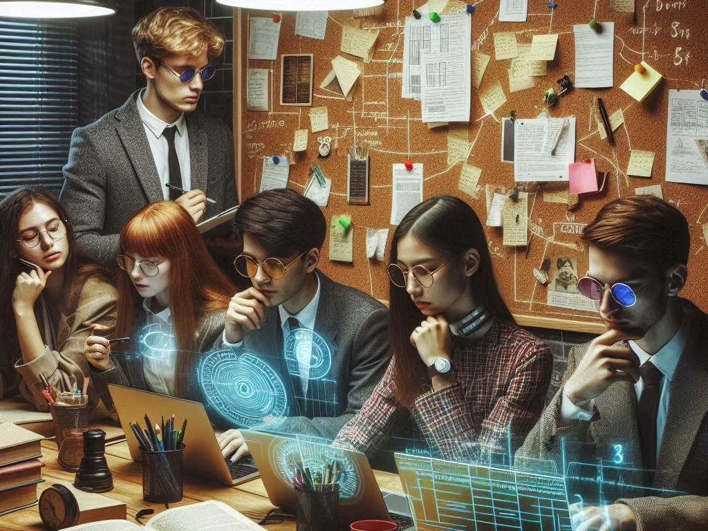 Students studying with laptops, a bulletin board is in the background.