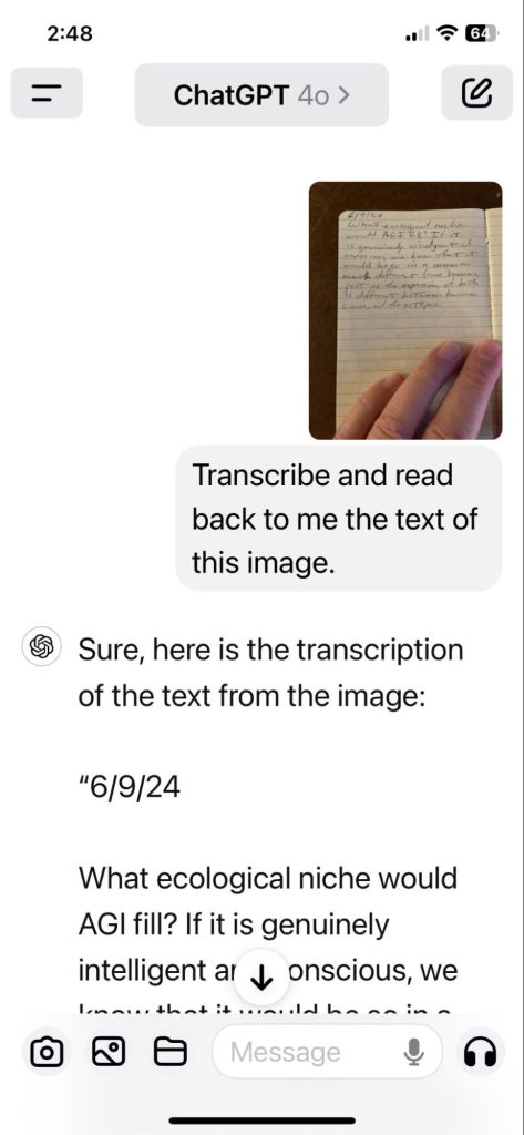 a simple multimodal prompt involving uploading an image of handwritten text, and its transcription. The input involved an image and text. The output involved text and audio.