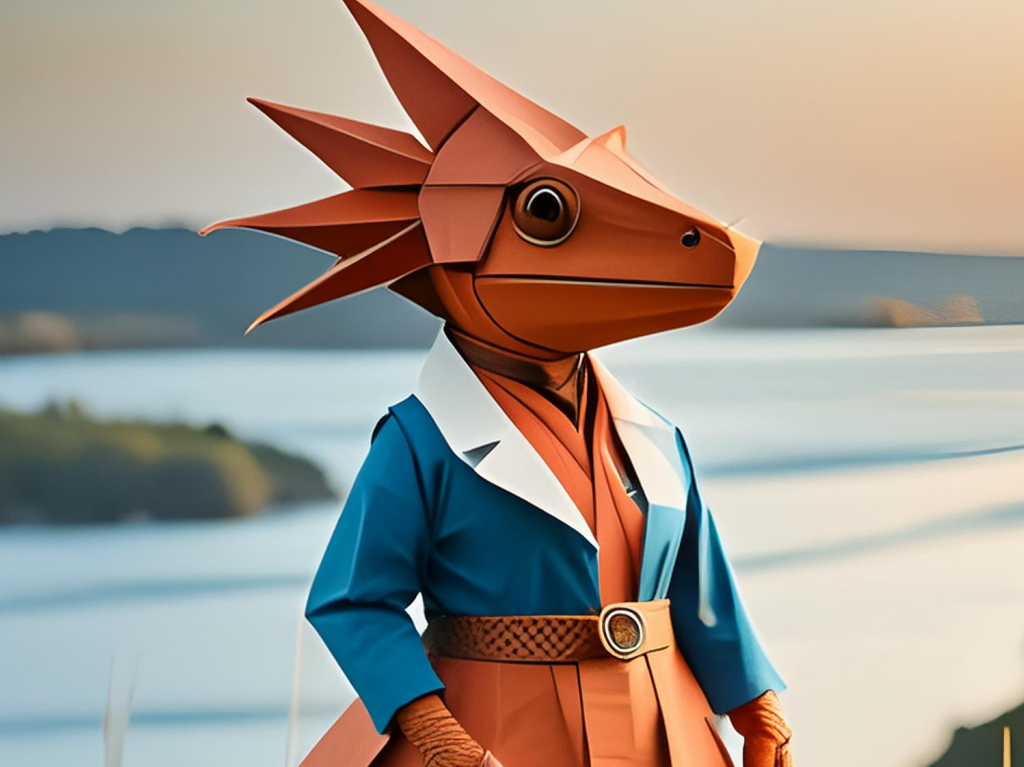 Origami anime salamander dressed as a tutor by the Mississippi river. Created in Adobe Firefly (image)