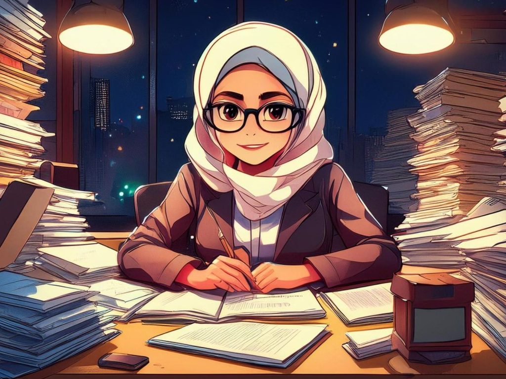 Adobe Firefly image of an anime-style image of a professor sitting at her desk at night, surrounded by a mountain of papers she is grading.