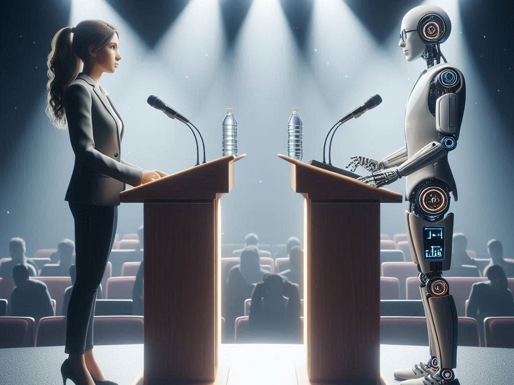 a college student and an ai tutor stand behind podiums facing each other on a large stage