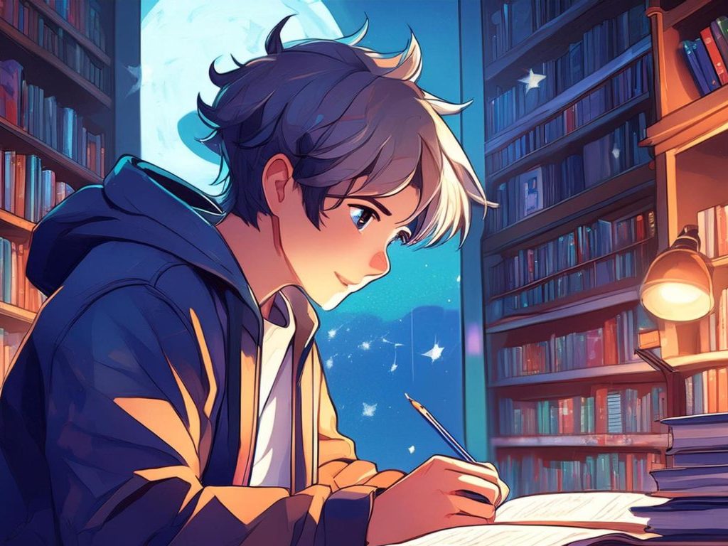 Anime-style image of a student studying for an exam in a library at night.