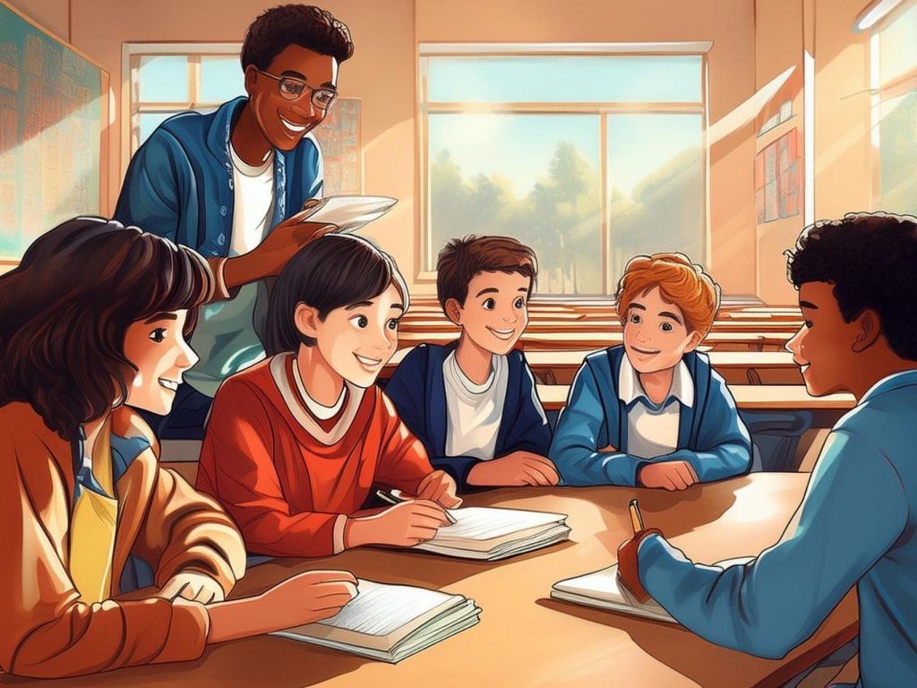 AI generated image of anime-style image of a diverse group of students sitting at desks in a classroom, engaged in rich discussion with one another as a teacher watches.