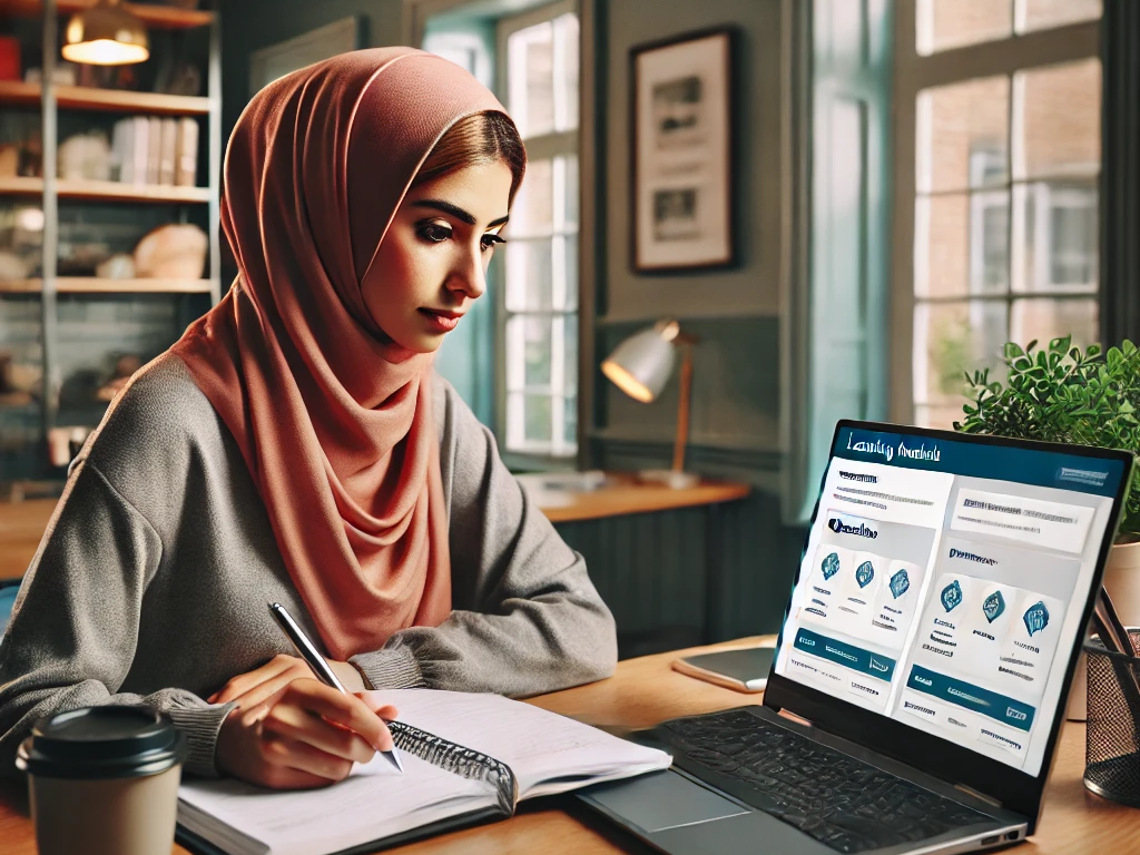 A Middle Eastern woman working through a learning module on a laptop in a modern study space.