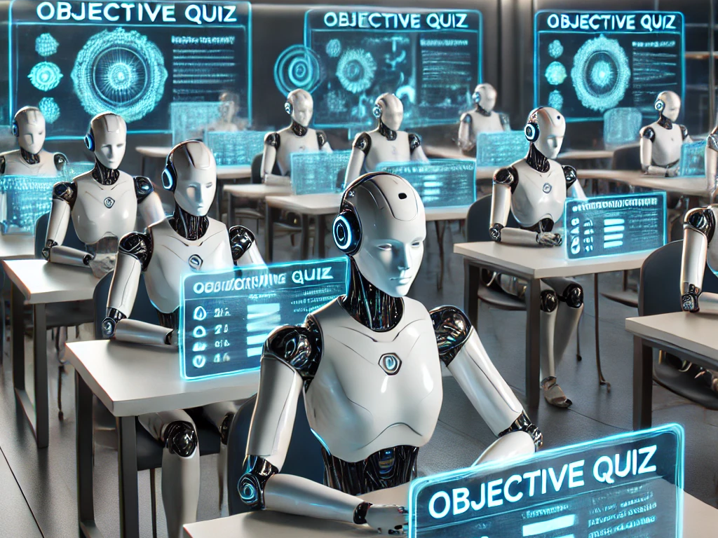 A group of student robots taking an objective quiz in a futuristic classroom setting. The robots are humanoid in design, seated at individual desks.