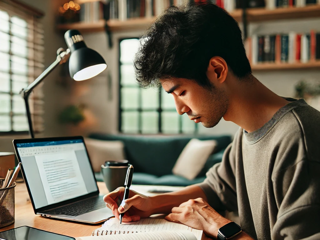 student taking notes for an essay exam in a focused environment