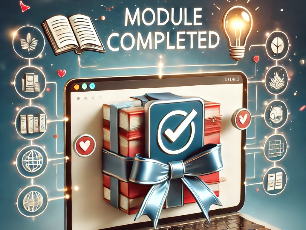 An image symbolizing the conclusion of an educational module. A digital interface displays a Module Completed banner or message with a checkmark ai.