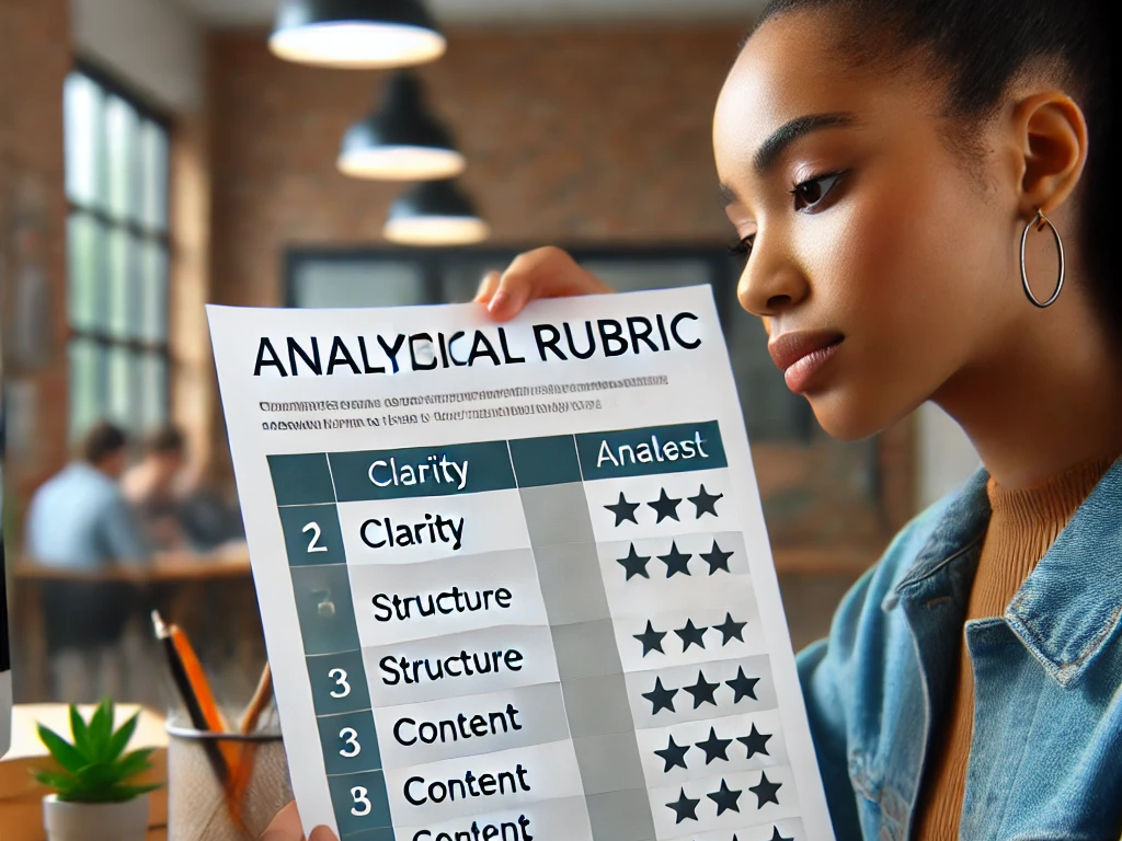 Student checking an analytical rubric in a study space or classroom setting.