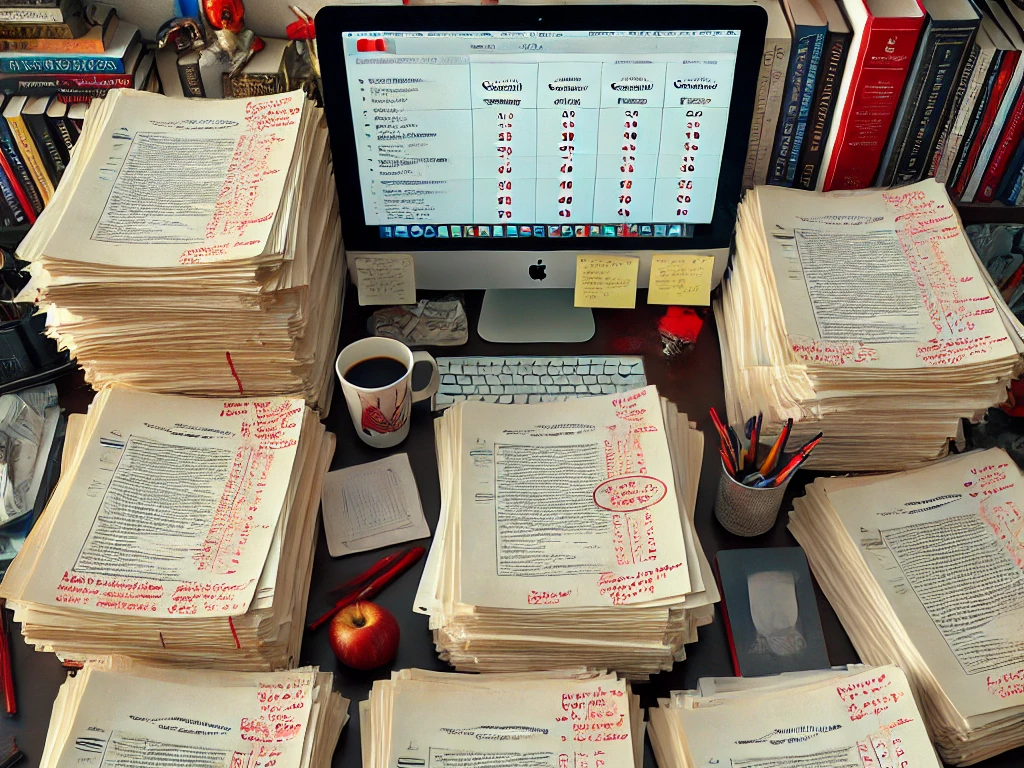 professor's desk of papers graded with a holistic rubric.